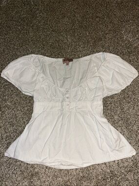 Women's White Puff Sleeve Button-Front Blouse